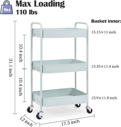 4 Tier Metal Rolling Cart, Utility Storage Cart with Wheels, White