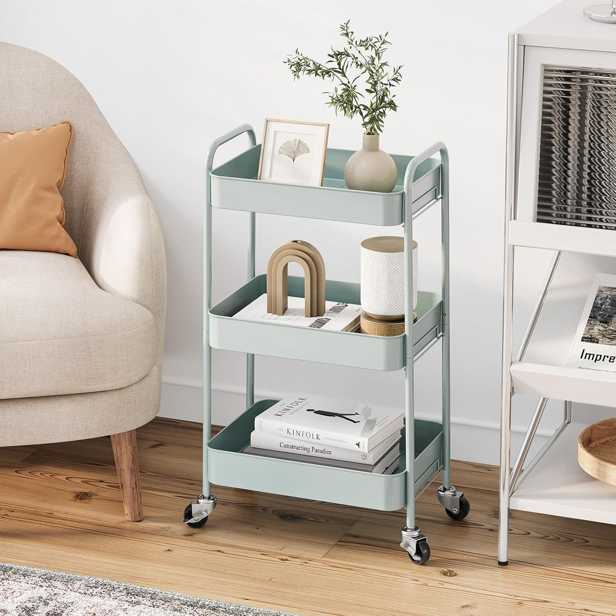 4 Tier Metal Rolling Cart, Utility Storage Cart with Wheels, White