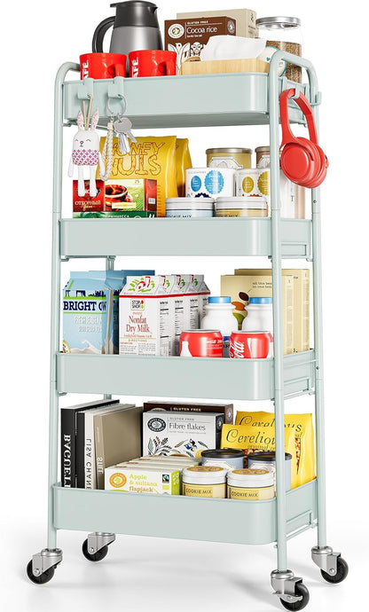4 Tier Metal Rolling Cart, Utility Storage Cart with Wheels, White