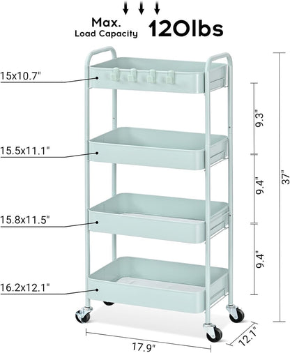 4 Tier Metal Rolling Cart, Utility Storage Cart with Wheels, White