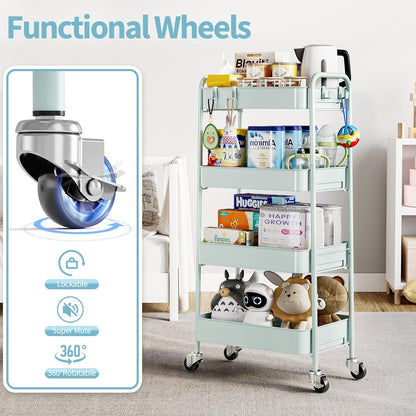 4 Tier Metal Rolling Cart, Utility Storage Cart with Wheels, White
