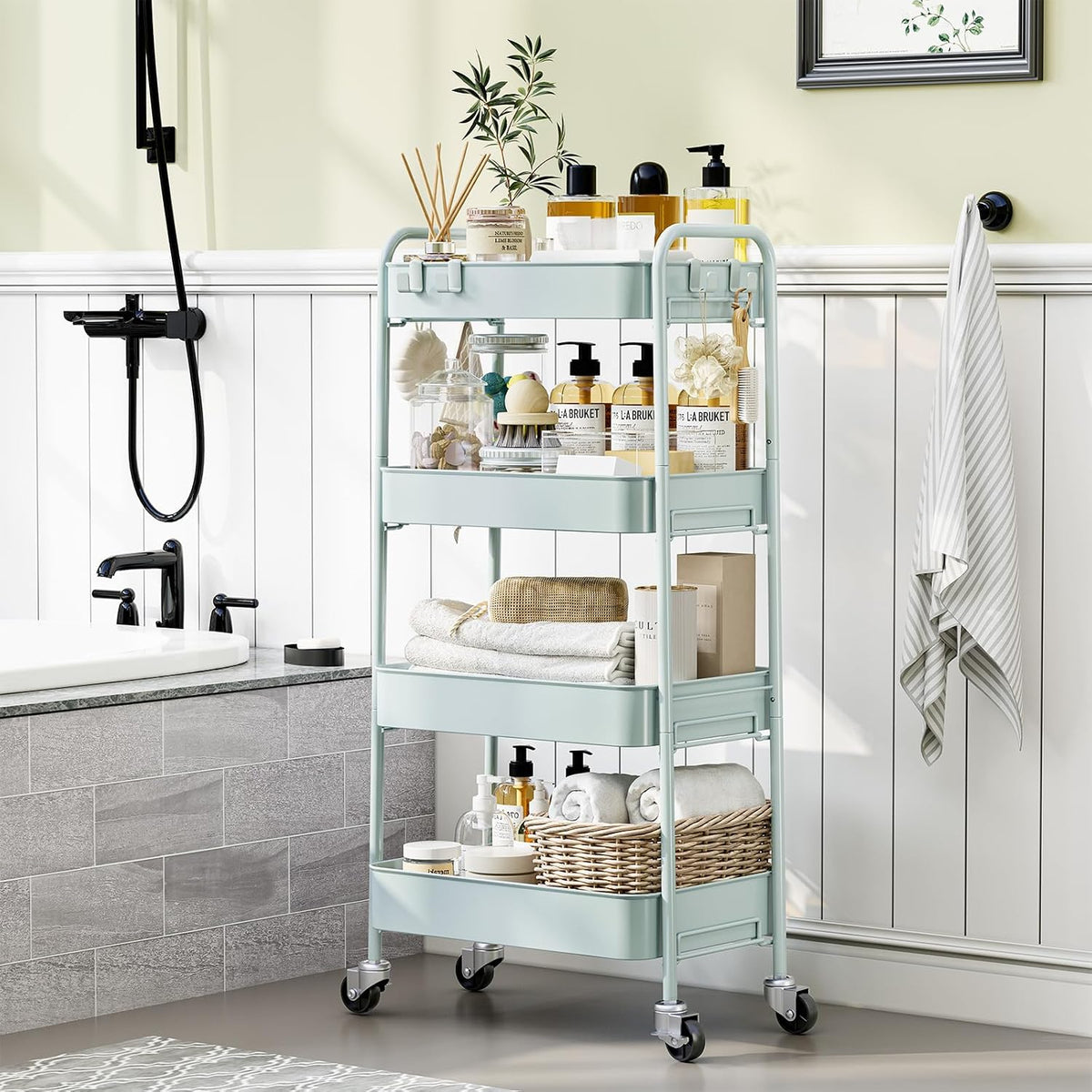 4 Tier Metal Rolling Cart, Utility Storage Cart with Wheels, White