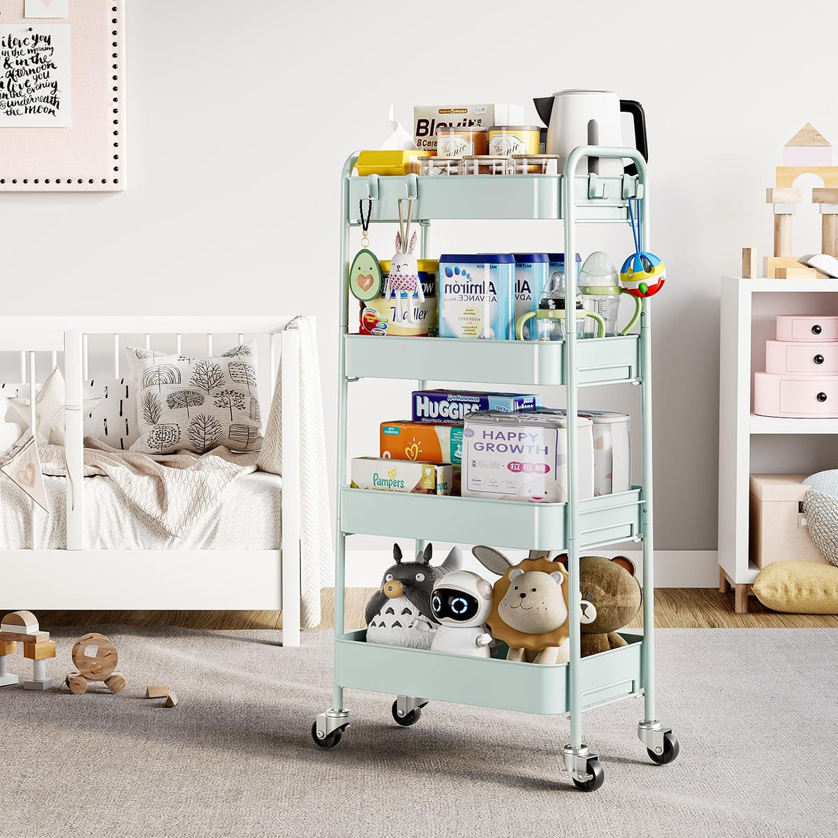 4 Tier Metal Rolling Cart, Utility Storage Cart with Wheels, White