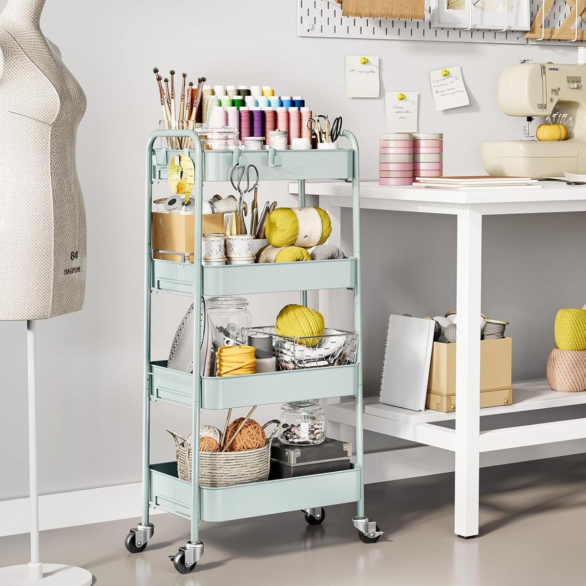 4 Tier Metal Rolling Cart, Utility Storage Cart with Wheels, White