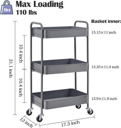 4 Tier Metal Rolling Cart, Utility Storage Cart with Wheels, White