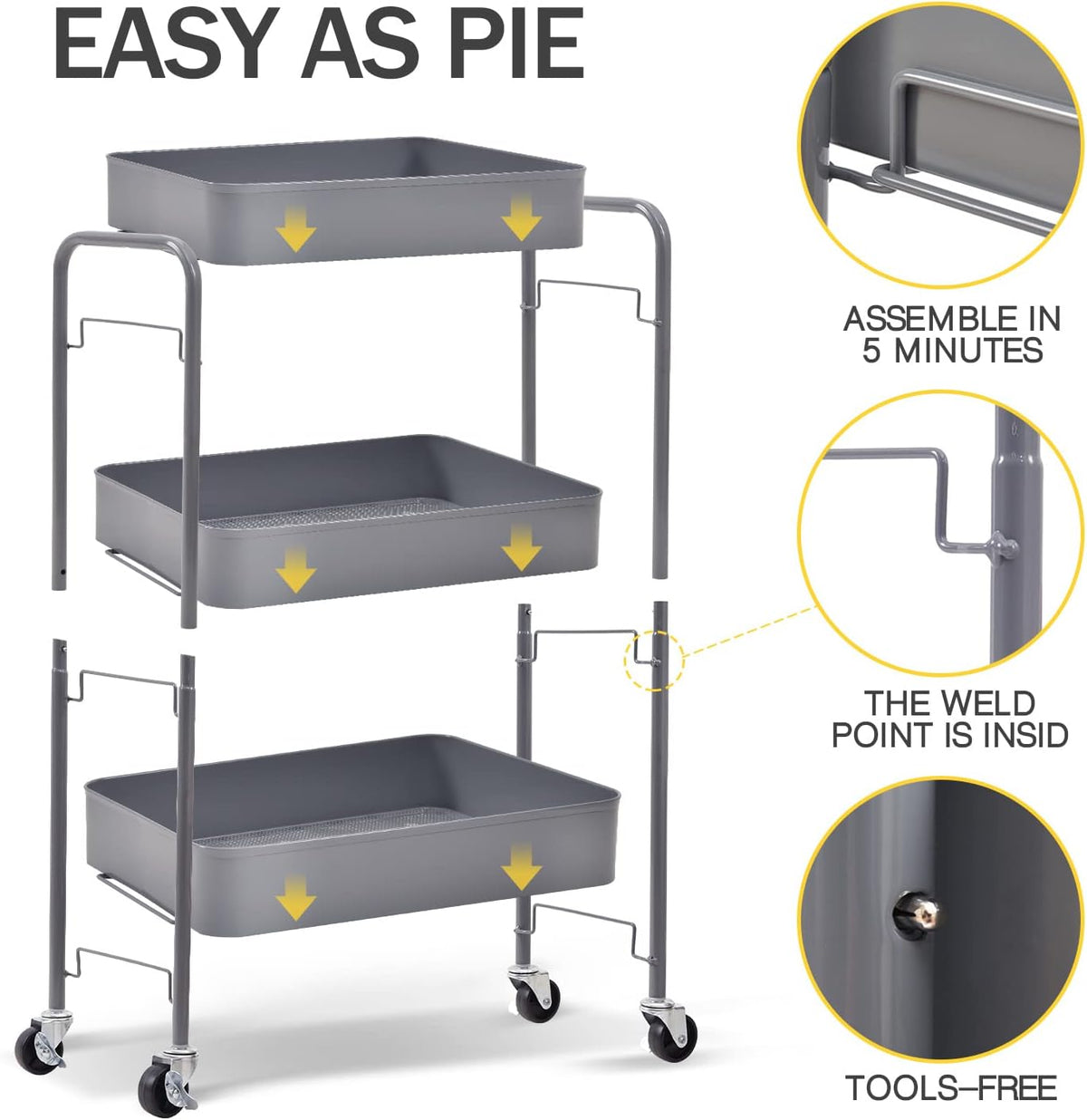 4 Tier Metal Rolling Cart, Utility Storage Cart with Wheels, White