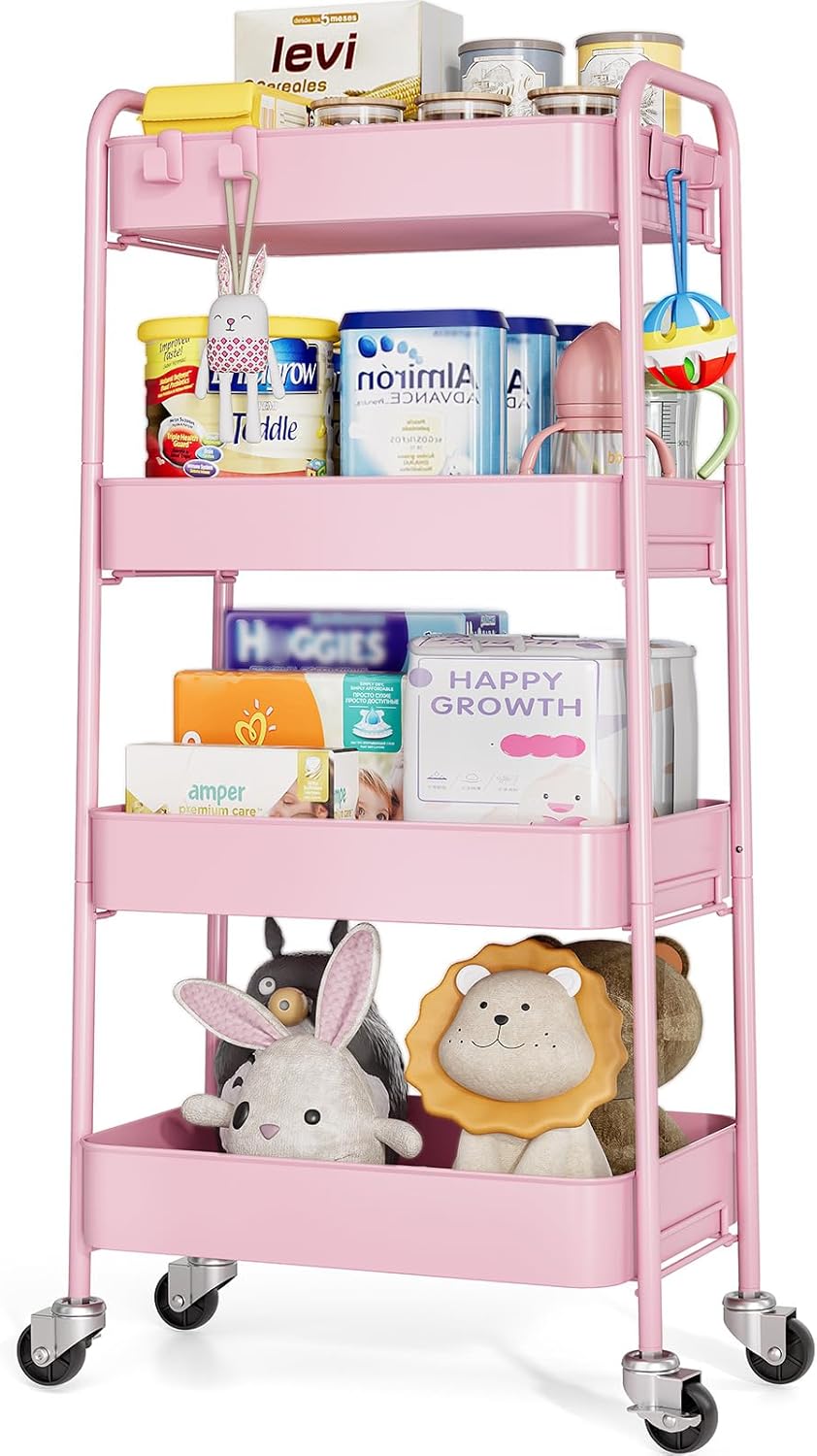 4 Tier Metal Rolling Cart, Utility Storage Cart with Wheels, White