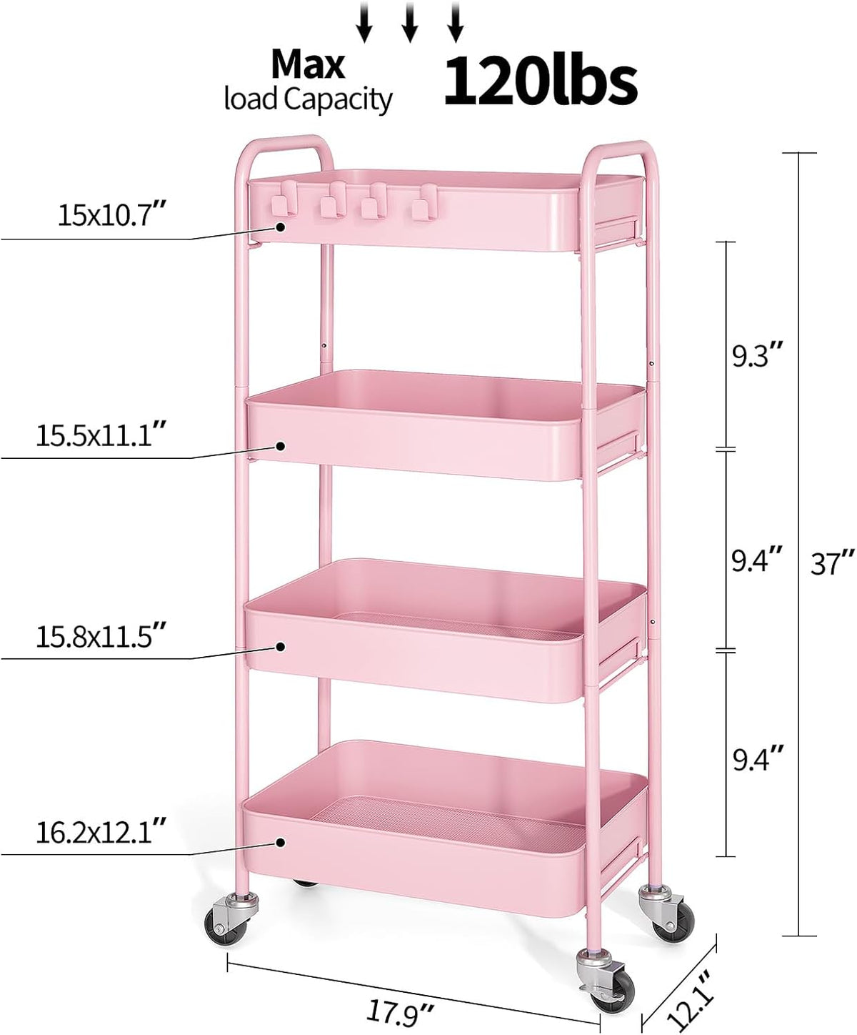 4 Tier Metal Rolling Cart, Utility Storage Cart with Wheels, White