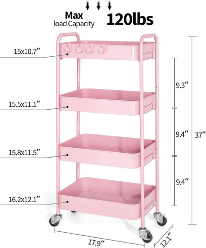 4 Tier Metal Rolling Cart, Utility Storage Cart with Wheels, White