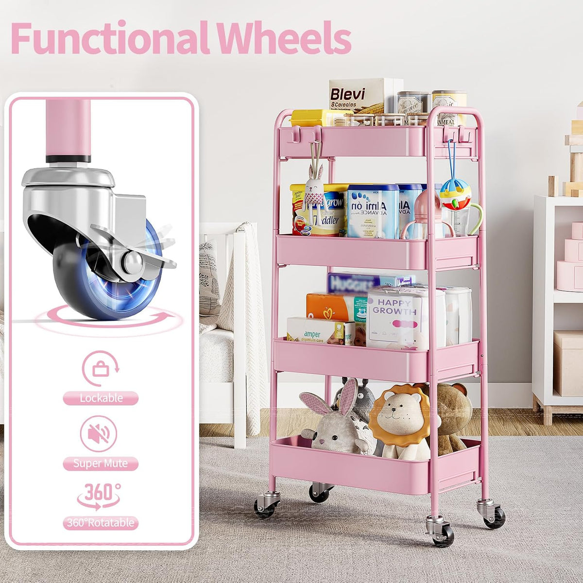 4 Tier Metal Rolling Cart, Utility Storage Cart with Wheels, White