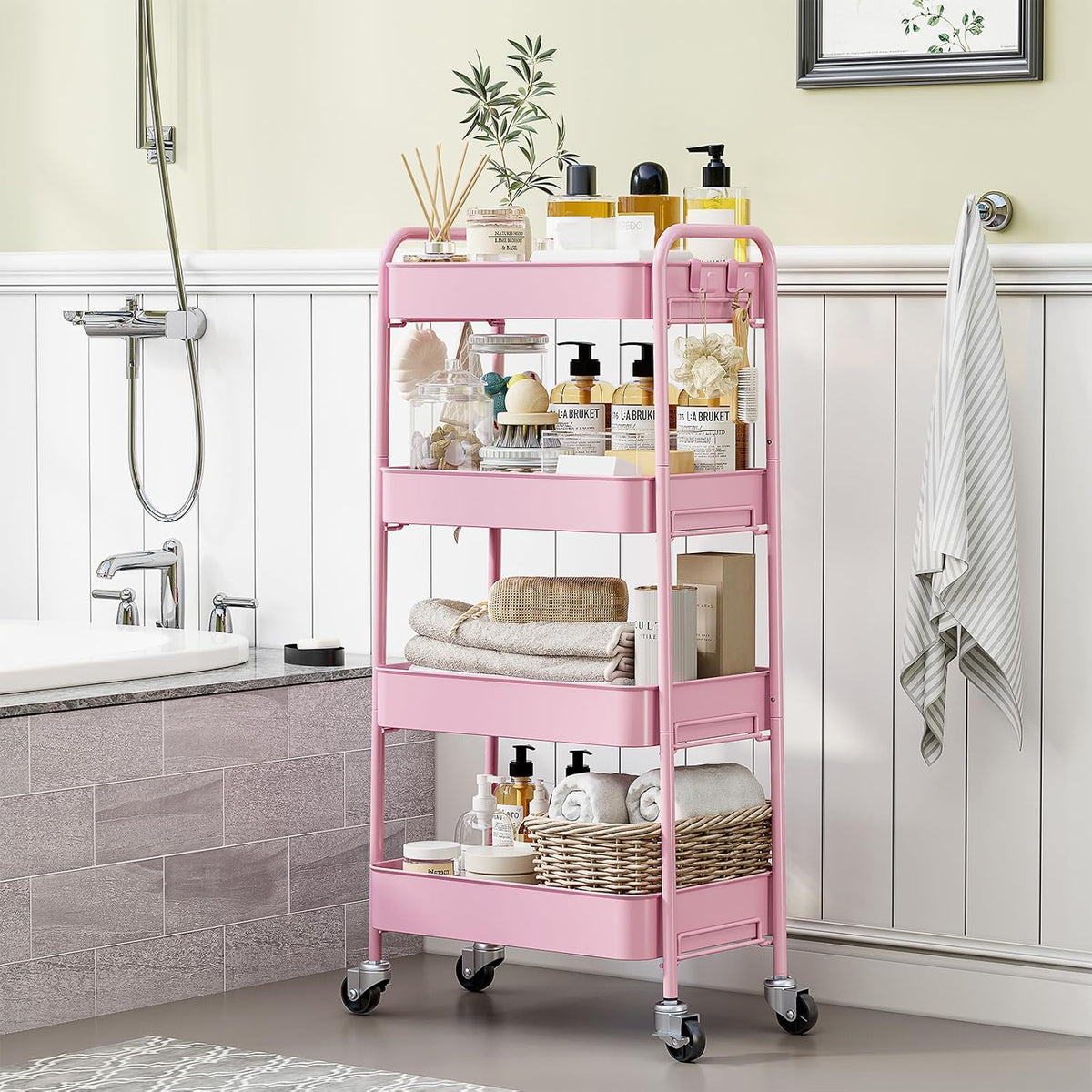 4 Tier Metal Rolling Cart, Utility Storage Cart with Wheels, White
