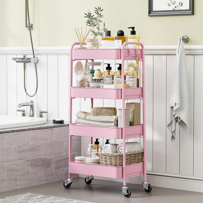 4 Tier Metal Rolling Cart, Utility Storage Cart with Wheels, White