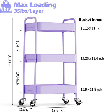 4 Tier Metal Rolling Cart, Utility Storage Cart with Wheels, White