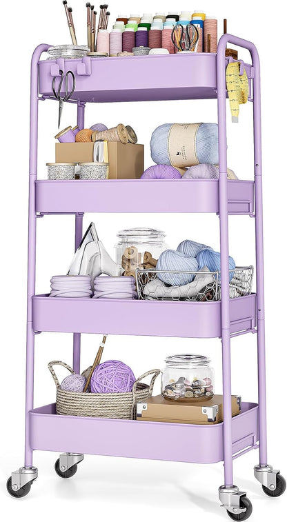 4 Tier Metal Rolling Cart, Utility Storage Cart with Wheels, White