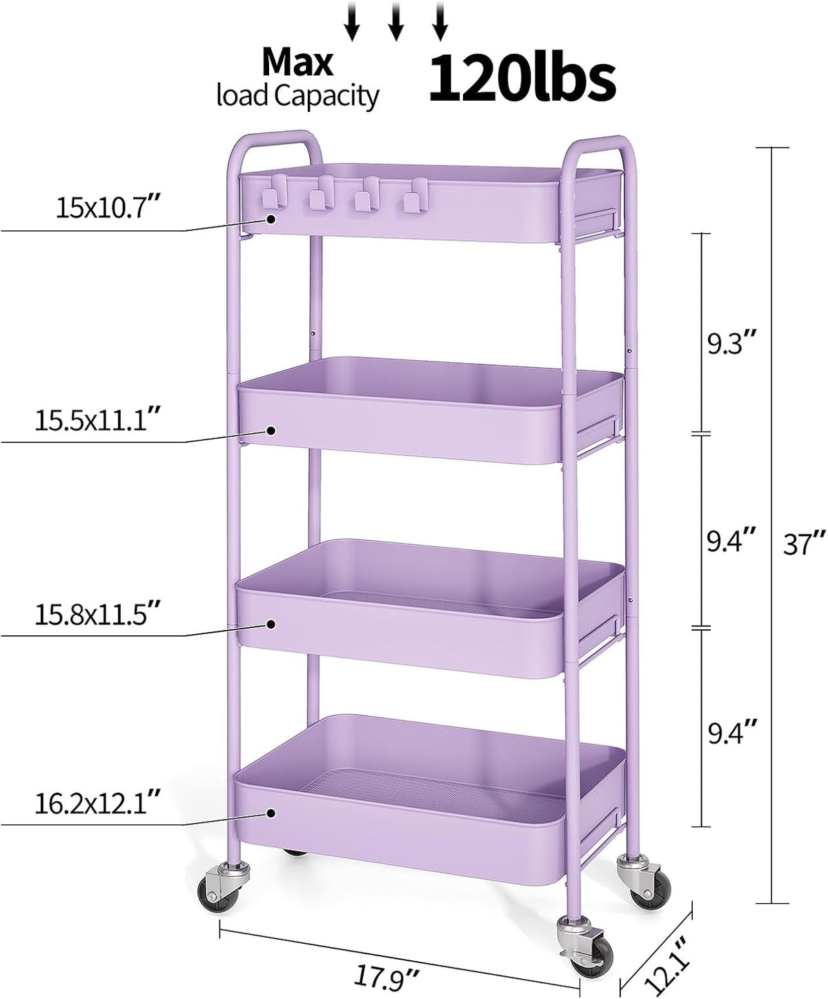 4 Tier Metal Rolling Cart, Utility Storage Cart with Wheels, White