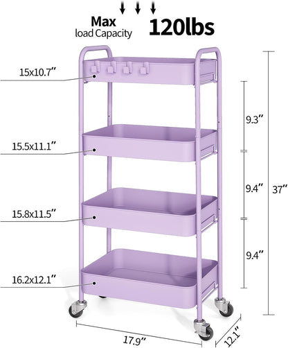 4 Tier Metal Rolling Cart, Utility Storage Cart with Wheels, White