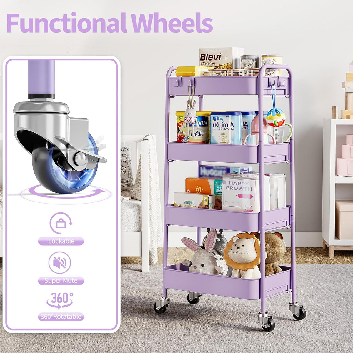 4 Tier Metal Rolling Cart, Utility Storage Cart with Wheels, White