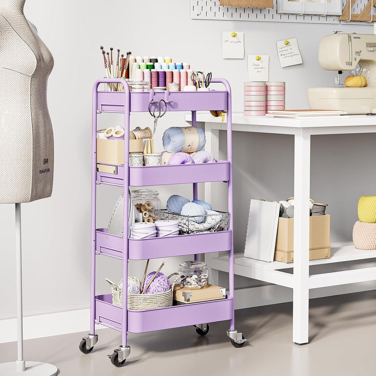 4 Tier Metal Rolling Cart, Utility Storage Cart with Wheels, White