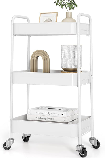 4 Tier Metal Rolling Cart, Utility Storage Cart with Wheels, White