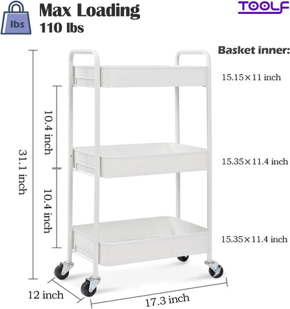 4 Tier Metal Rolling Cart, Utility Storage Cart with Wheels, White