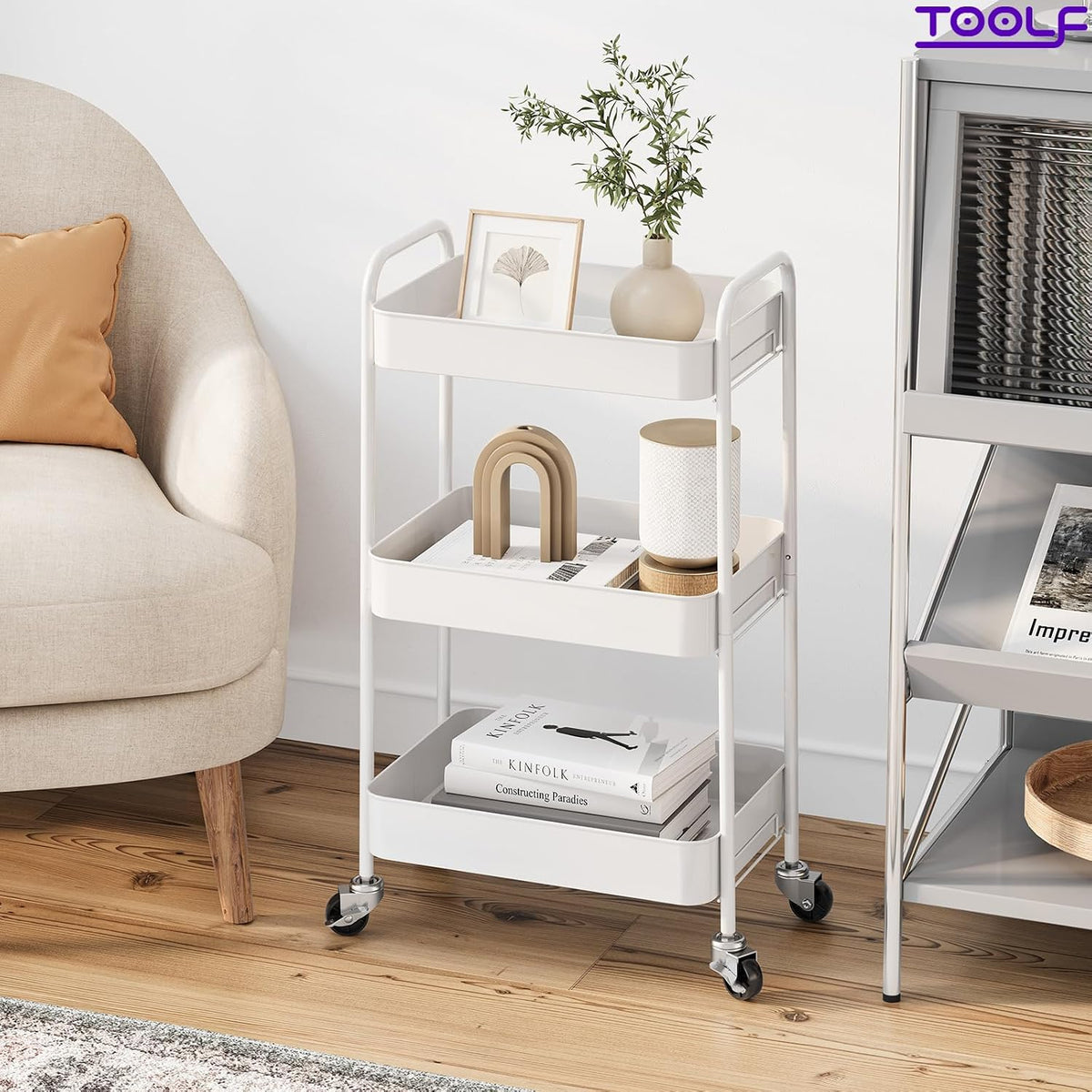 4 Tier Metal Rolling Cart, Utility Storage Cart with Wheels, White