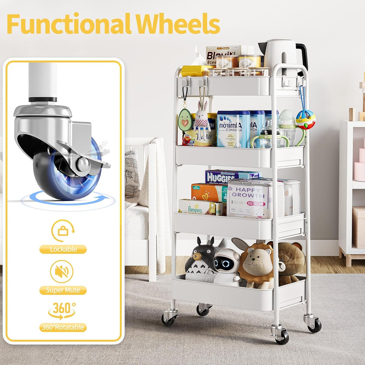 4 Tier Metal Rolling Cart, Utility Storage Cart with Wheels, White