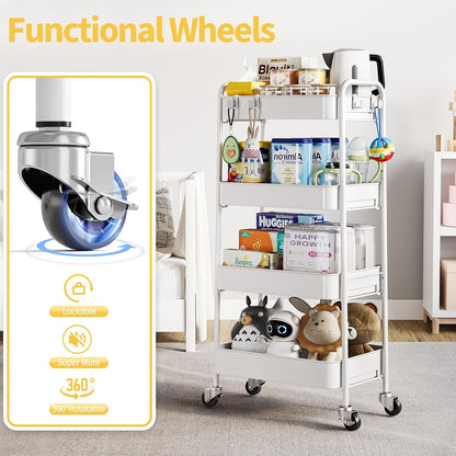 4 Tier Metal Rolling Cart, Utility Storage Cart with Wheels, White
