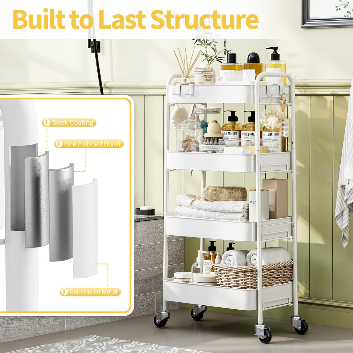 4 Tier Metal Rolling Cart, Utility Storage Cart with Wheels, White