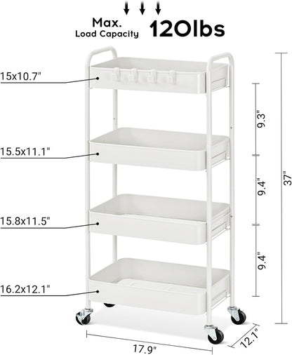 4 Tier Metal Rolling Cart, Utility Storage Cart with Wheels, White