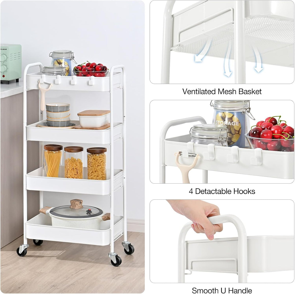 4 Tier Metal Rolling Cart, Utility Storage Cart with Wheels, White