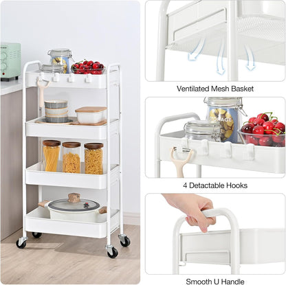4 Tier Metal Rolling Cart, Utility Storage Cart with Wheels, White