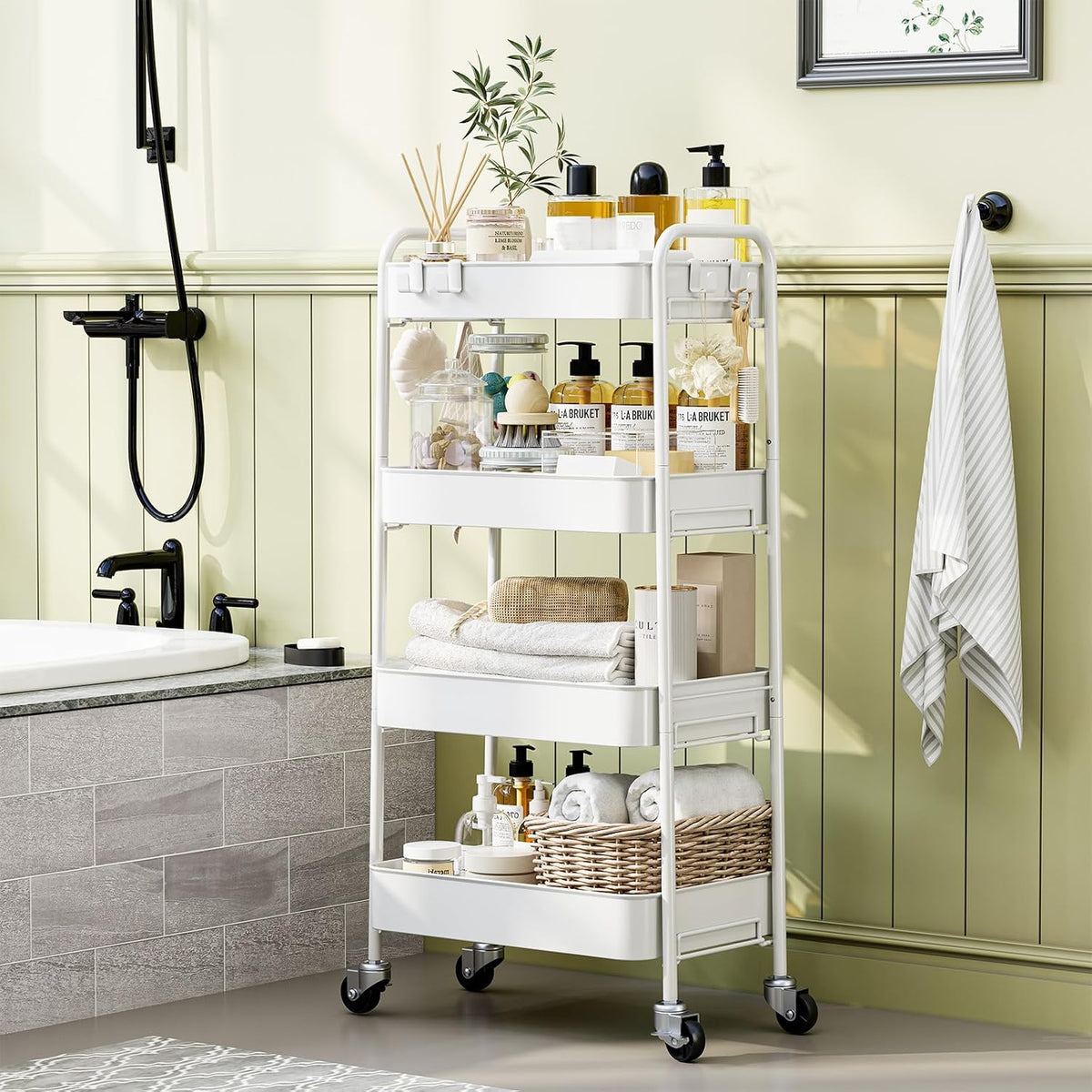 4 Tier Metal Rolling Cart, Utility Storage Cart with Wheels, White