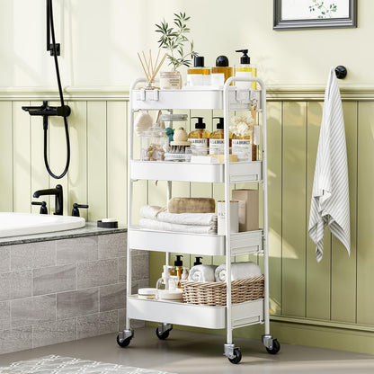 4 Tier Metal Rolling Cart, Utility Storage Cart with Wheels, White