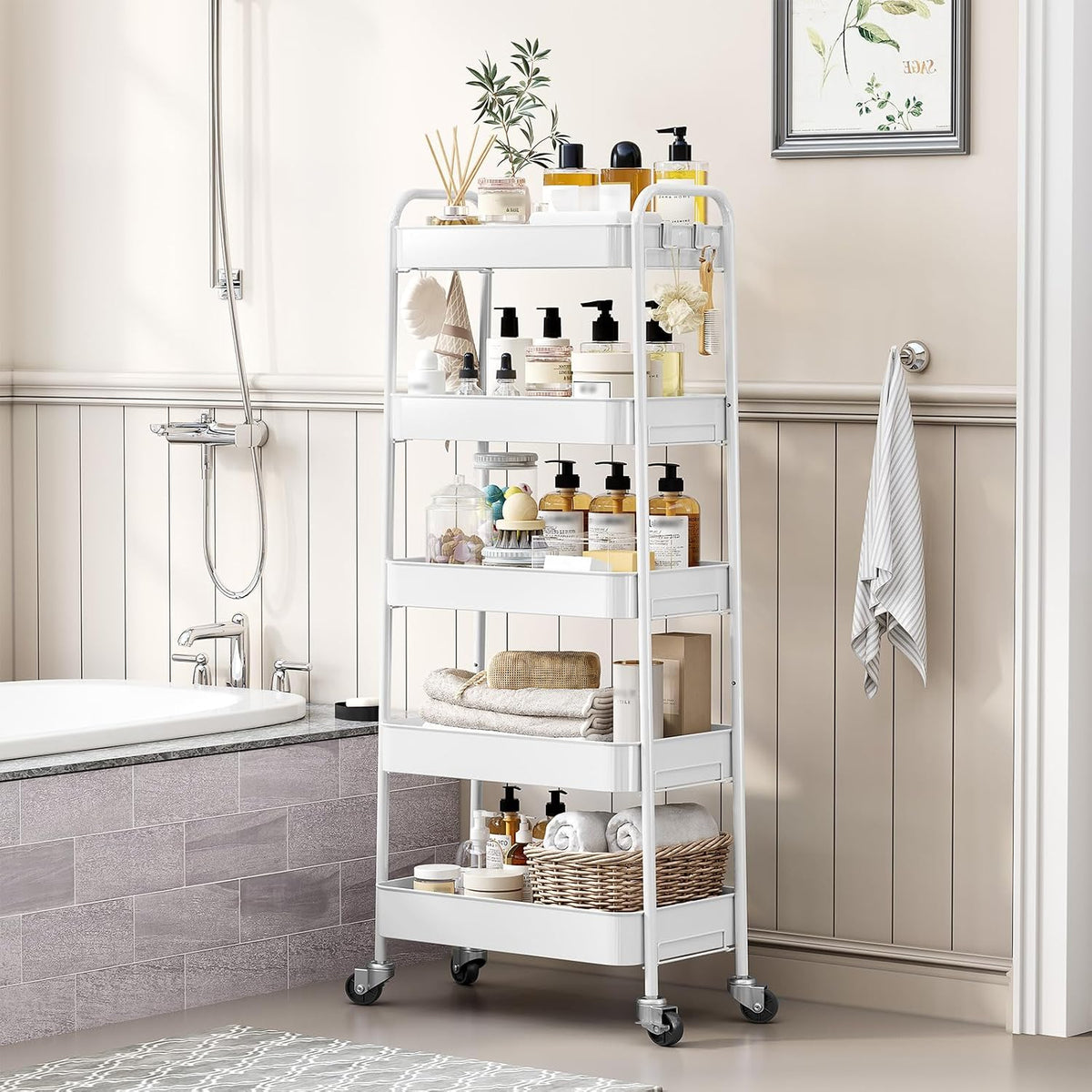4 Tier Metal Rolling Cart, Utility Storage Cart with Wheels, White