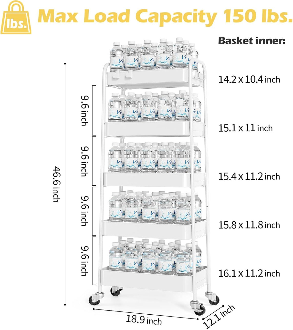 4 Tier Metal Rolling Cart, Utility Storage Cart with Wheels, White