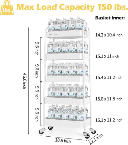 4 Tier Metal Rolling Cart, Utility Storage Cart with Wheels, White