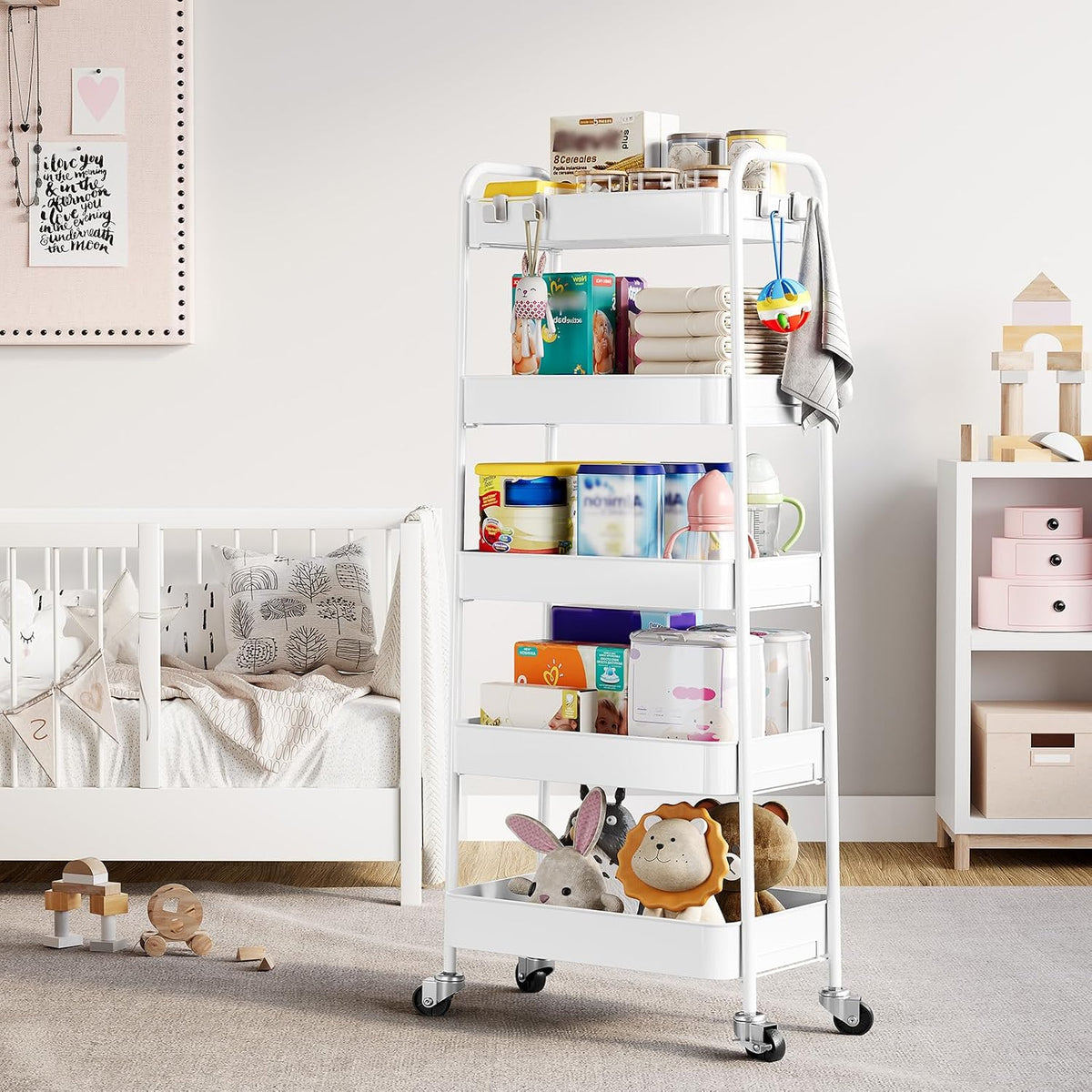4 Tier Metal Rolling Cart, Utility Storage Cart with Wheels, White