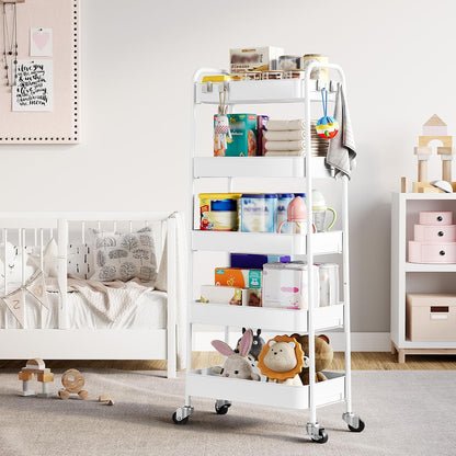 4 Tier Metal Rolling Cart, Utility Storage Cart with Wheels, White