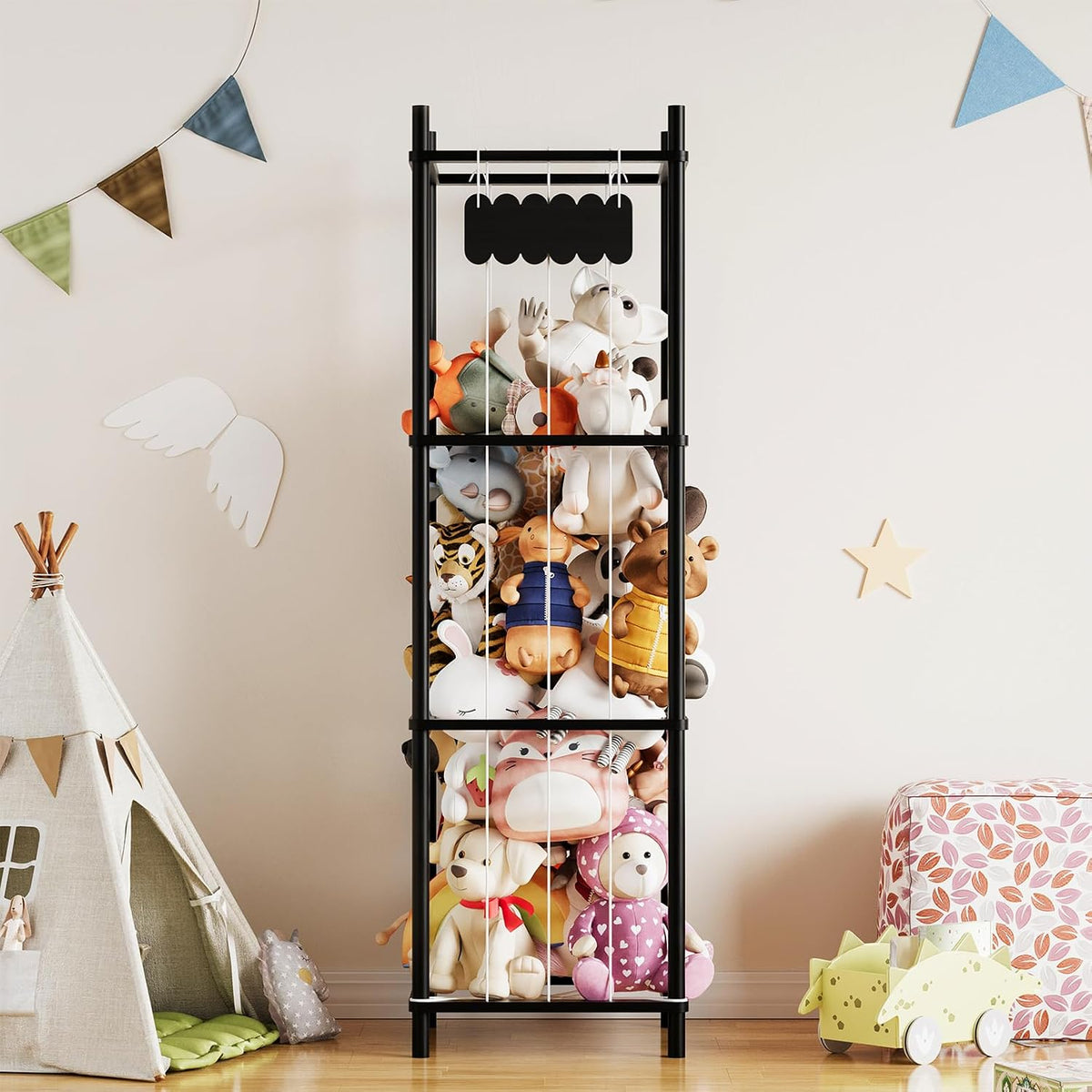 Stuffed Animal Storage Organizer, Wood Animals Zoo Toy Plushies Storage Holder, Large Capacity Plush Toy Cage for Playroom Organization, 15.8" Wide, Natural