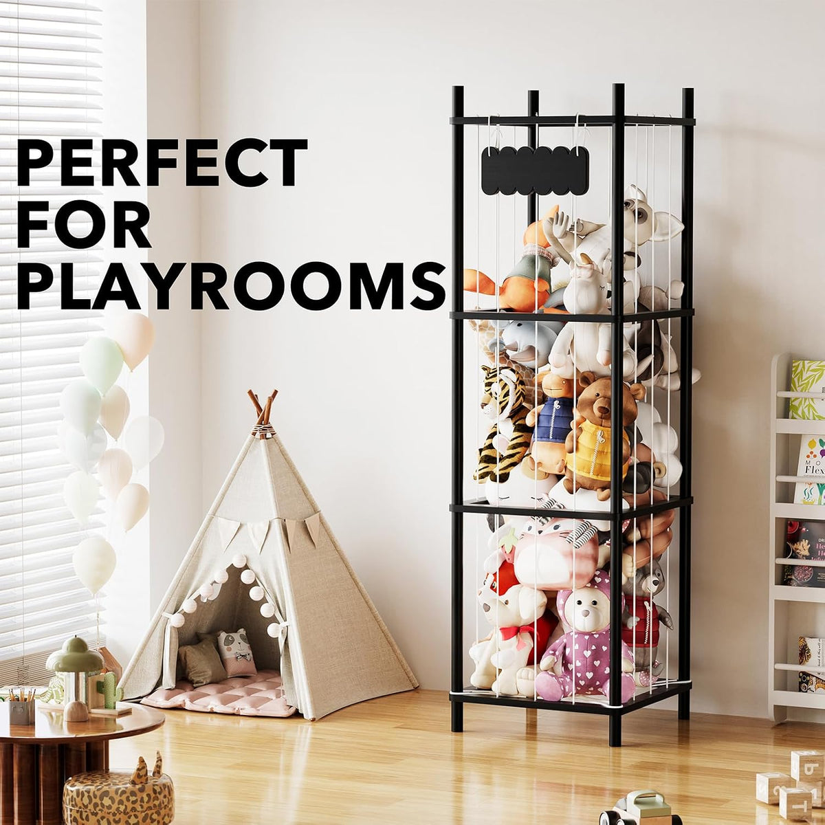Stuffed Animal Storage Organizer, Wood Animals Zoo Toy Plushies Storage Holder, Large Capacity Plush Toy Cage for Playroom Organization, 15.8" Wide, Natural
