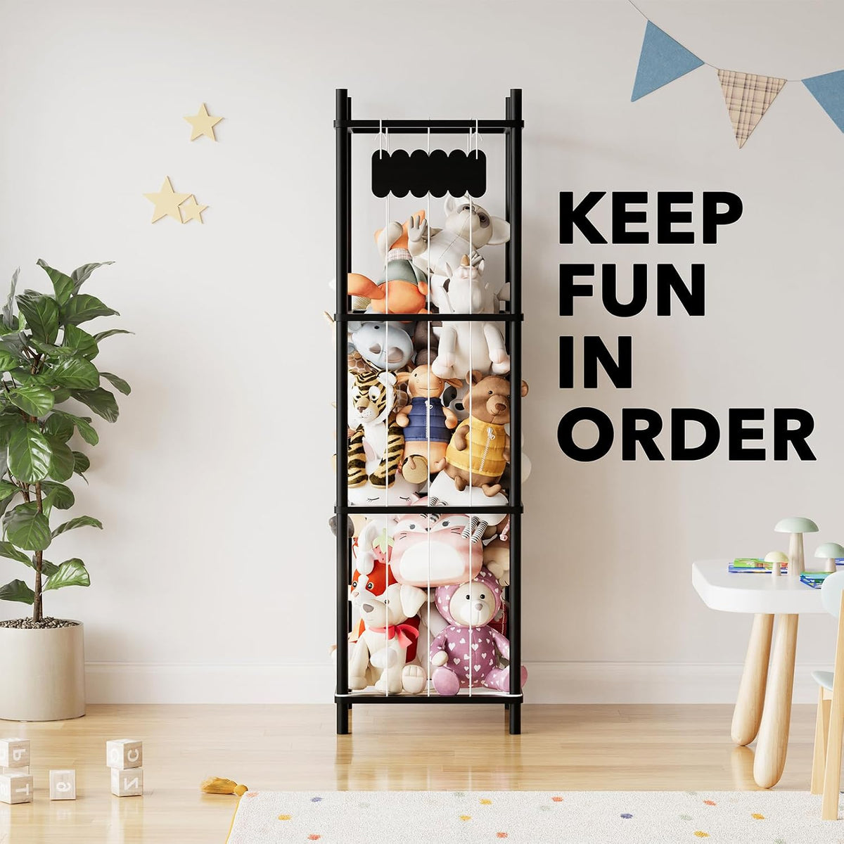Stuffed Animal Storage Organizer, Wood Animals Zoo Toy Plushies Storage Holder, Large Capacity Plush Toy Cage for Playroom Organization, 15.8" Wide, Natural