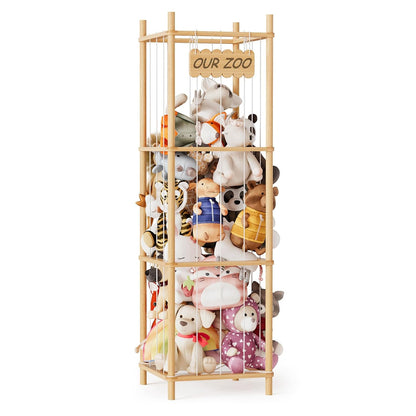 Stuffed Animal Storage Organizer, Wood Animals Zoo Toy Plushies Storage Holder, Large Capacity Plush Toy Cage for Playroom Organization, 15.8" Wide, Natural