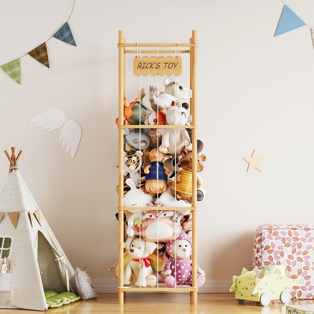 Stuffed Animal Storage Organizer, Wood Animals Zoo Toy Plushies Storage Holder, Large Capacity Plush Toy Cage for Playroom Organization, 15.8" Wide, Natural