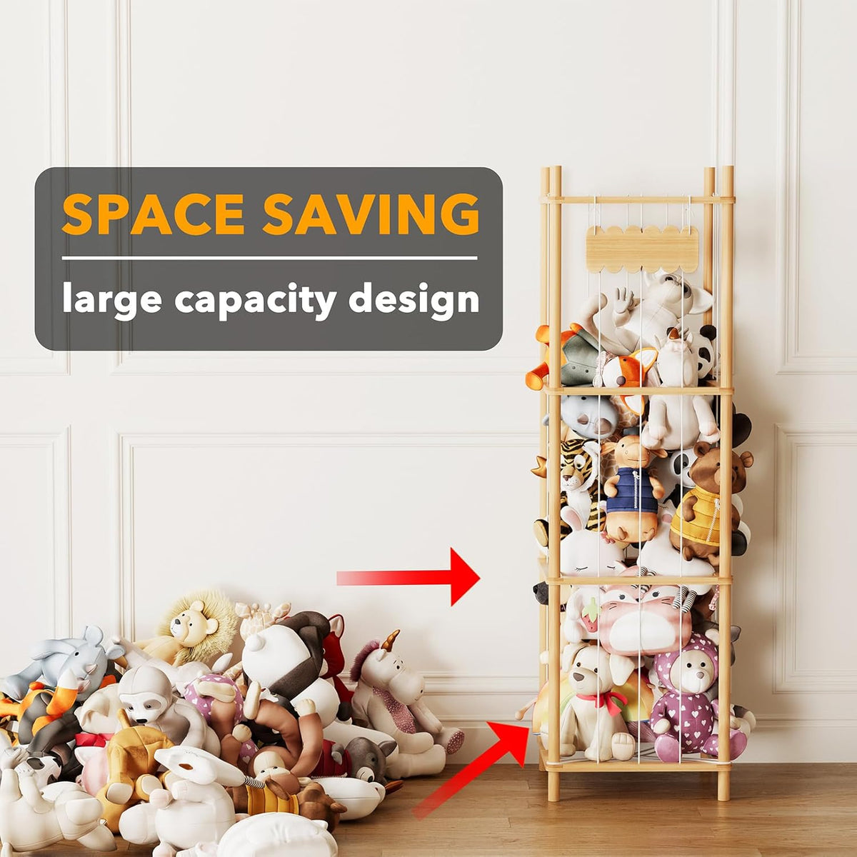 Stuffed Animal Storage Organizer, Wood Animals Zoo Toy Plushies Storage Holder, Large Capacity Plush Toy Cage for Playroom Organization, 15.8" Wide, Natural