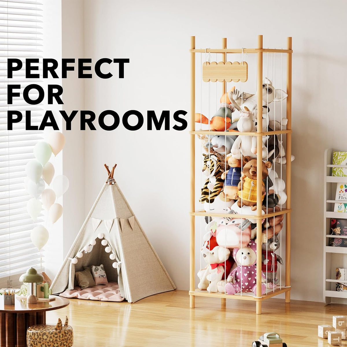 Stuffed Animal Storage Organizer, Wood Animals Zoo Toy Plushies Storage Holder, Large Capacity Plush Toy Cage for Playroom Organization, 15.8" Wide, Natural