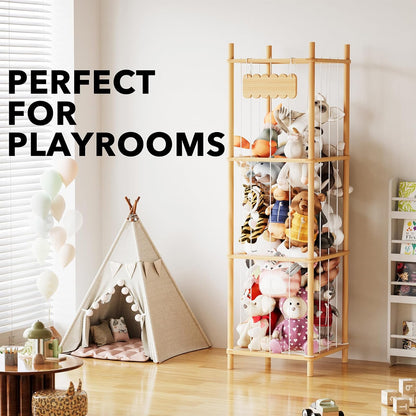 Stuffed Animal Storage Organizer, Wood Animals Zoo Toy Plushies Storage Holder, Large Capacity Plush Toy Cage for Playroom Organization, 15.8" Wide, Natural