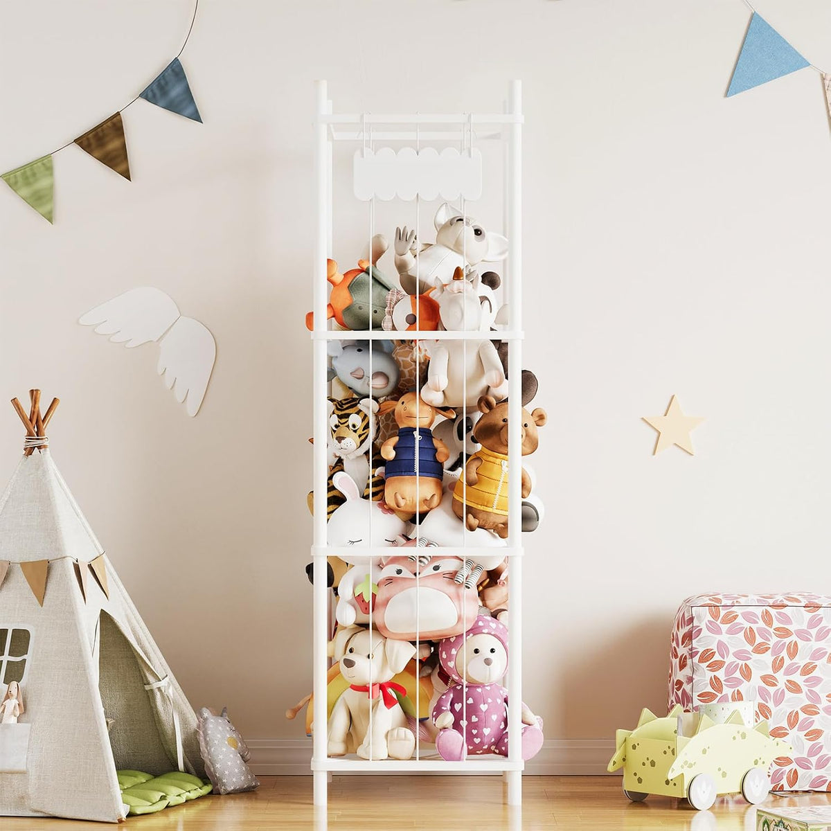 Stuffed Animal Storage Organizer, Wood Animals Zoo Toy Plushies Storage Holder, Large Capacity Plush Toy Cage for Playroom Organization, 15.8" Wide, Natural