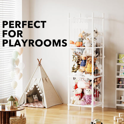 Stuffed Animal Storage Organizer, Wood Animals Zoo Toy Plushies Storage Holder, Large Capacity Plush Toy Cage for Playroom Organization, 15.8" Wide, Natural