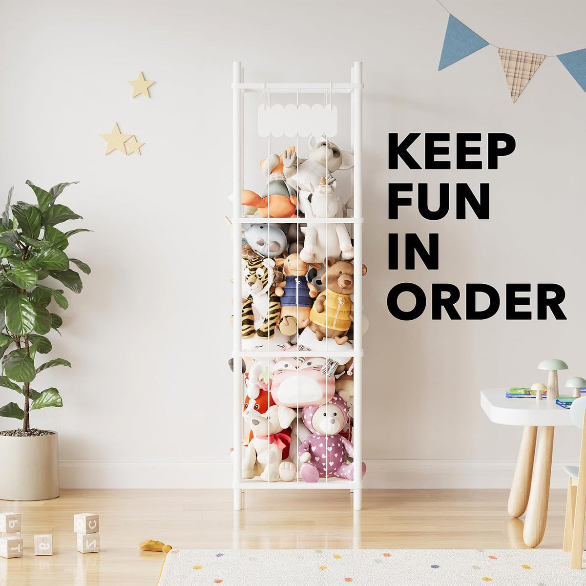 Stuffed Animal Storage Organizer, Wood Animals Zoo Toy Plushies Storage Holder, Large Capacity Plush Toy Cage for Playroom Organization, 15.8" Wide, Natural