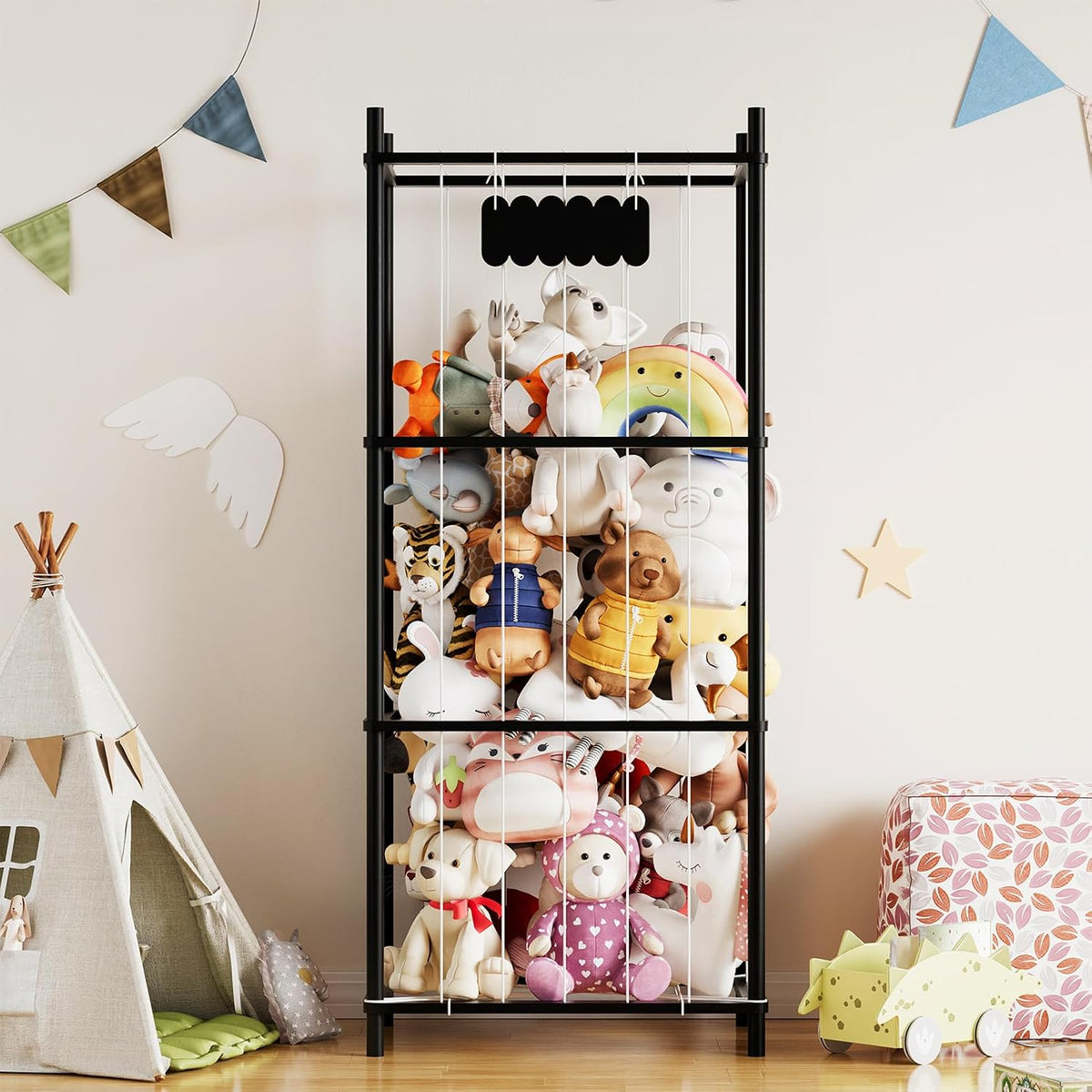 Stuffed Animal Storage Organizer, Wood Animals Zoo Toy Plushies Storage Holder, Large Capacity Plush Toy Cage for Playroom Organization, 15.8" Wide, Natural